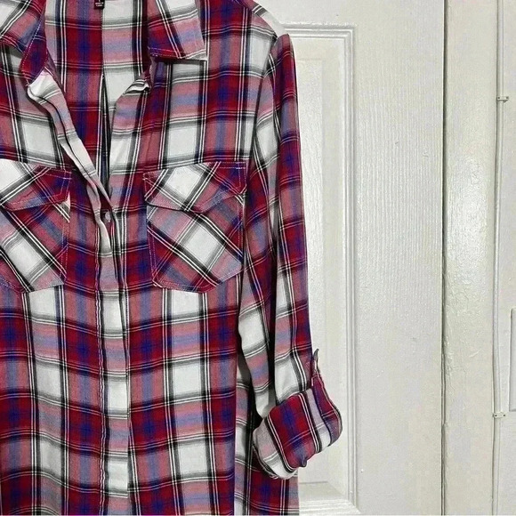 SAM EDELMAN Red, White, and Blue Plaid Woman Button Down | size Large - Picture 2 of 13